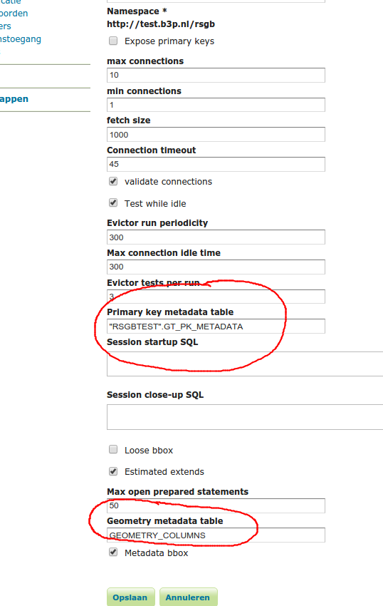 Geoserver connectie met geometry_columns en gt_pk_metadata tabellen