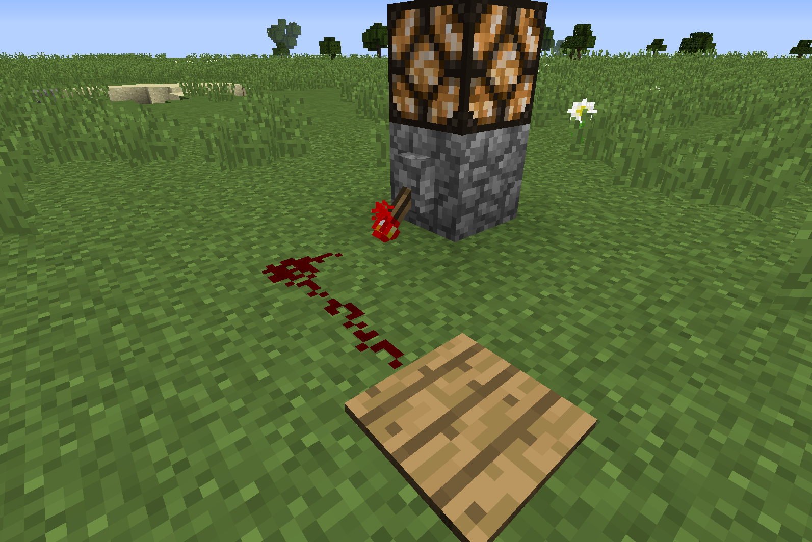 Redstone torch lever being toggled by a pressure plate