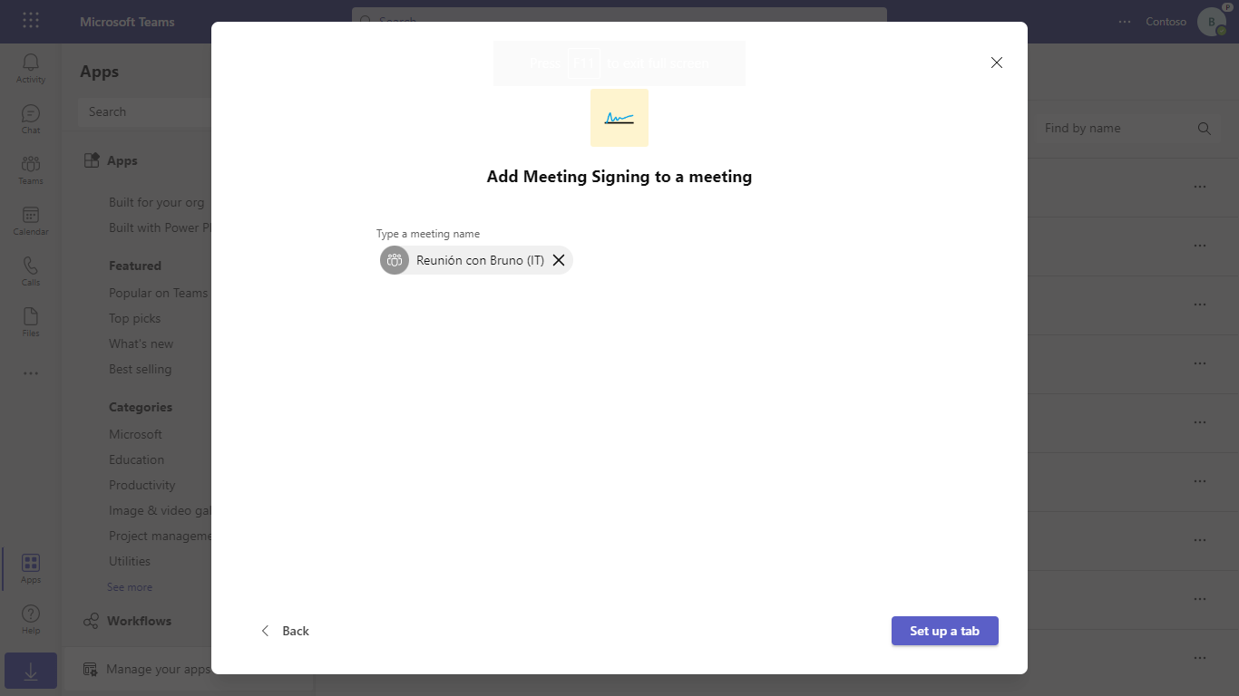 Teams dialog titled 'Add Meeting Signing to a meeting'