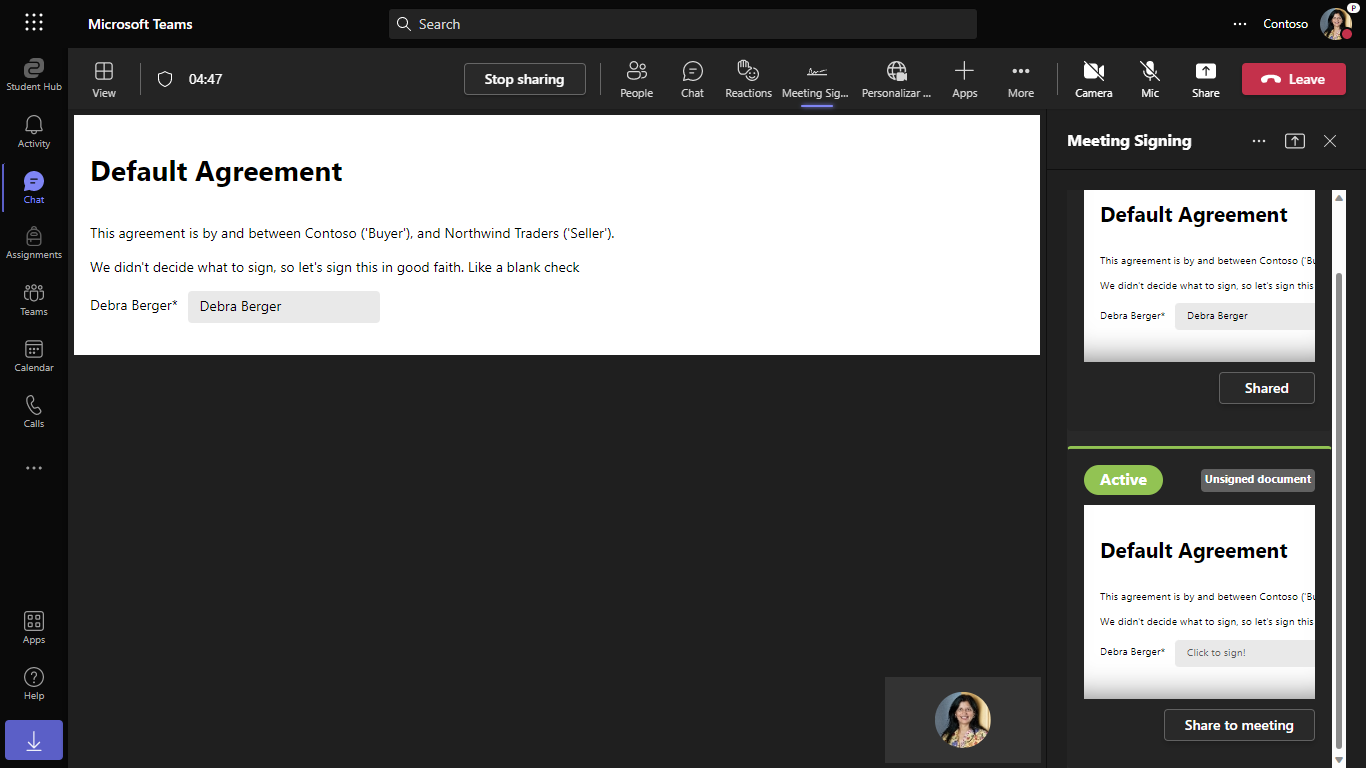 Meeting stage with the same document as before but the text box for Debra Berger now contains Debra's name