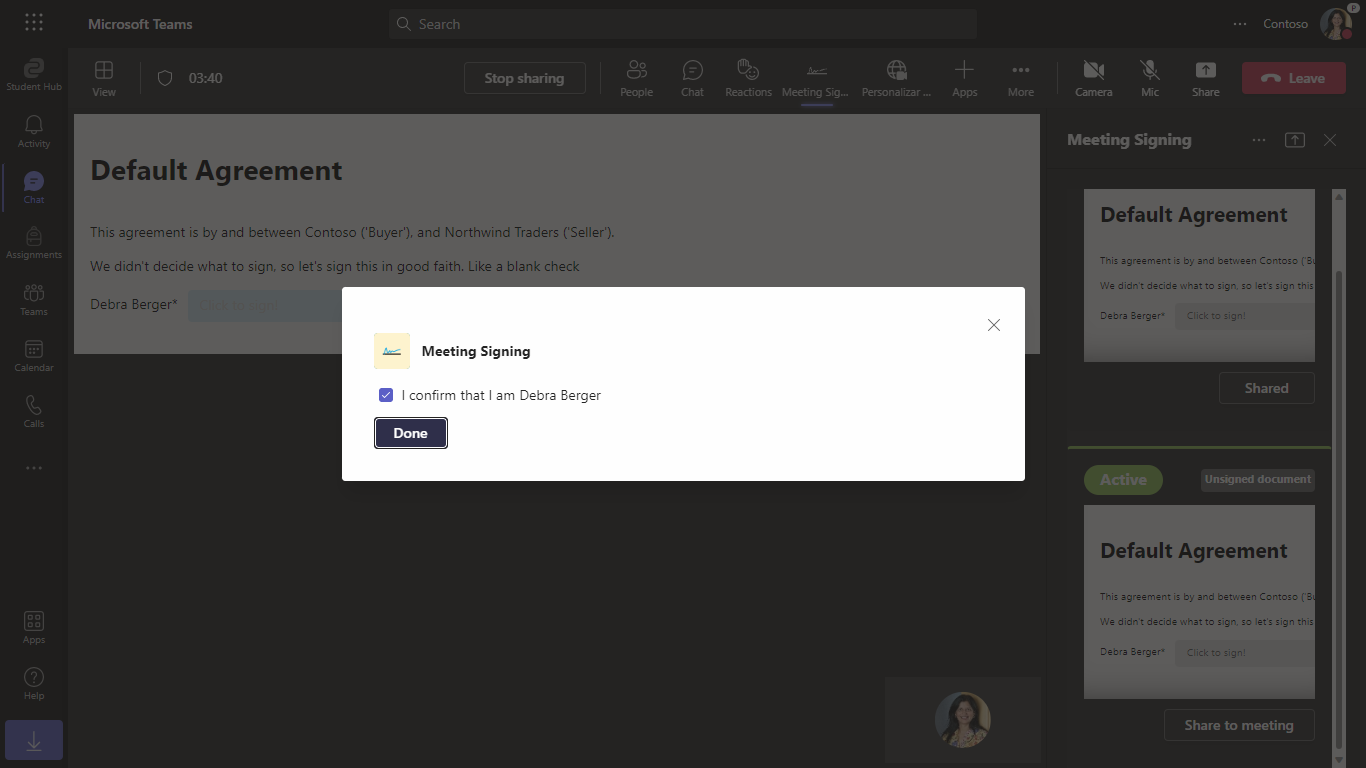 Dialog with checked checkbox for 'I confirm that I am Debra Berger' and a button titled 'Done'