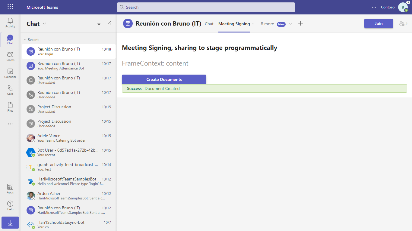 Meeting Signing app tab with a 'Success Document Created' banner