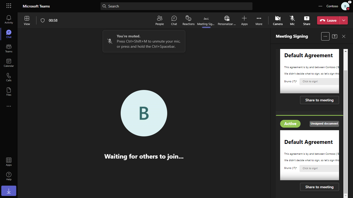 Meeting Signing app side panel with two documents stylised as cards. Each card has a button titled "Share to meeting"