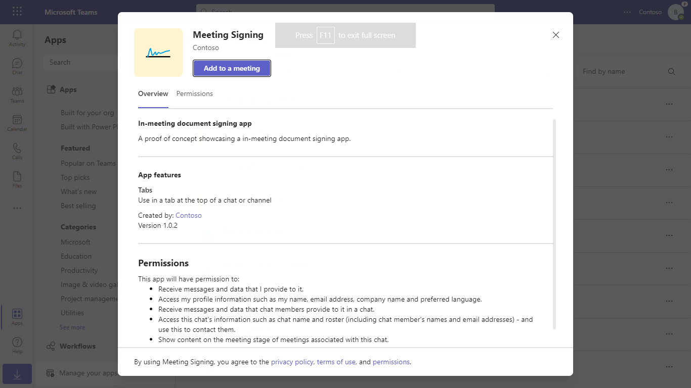 Teams app install dialog for 'Meeting Signing', with a 'Add to a meeting' button