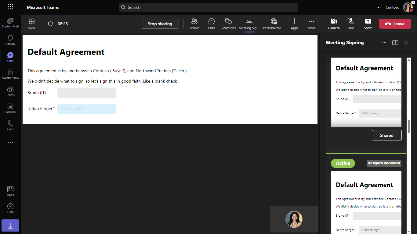 Meeting stage with a 'Default Agreement' document and has two Signature boxes, one which is clickable and one which isn't