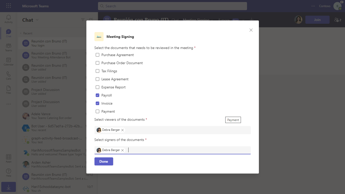 Create document dialog, with 'Payroll' and 'Invoice' documents selected, and 'Debra Berger' selected as a viewer and signer