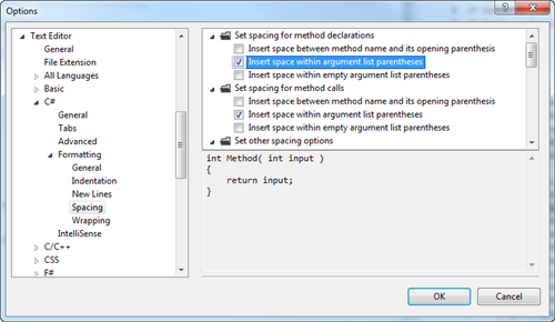 Check both 'Insert space within argument list parentheses' options