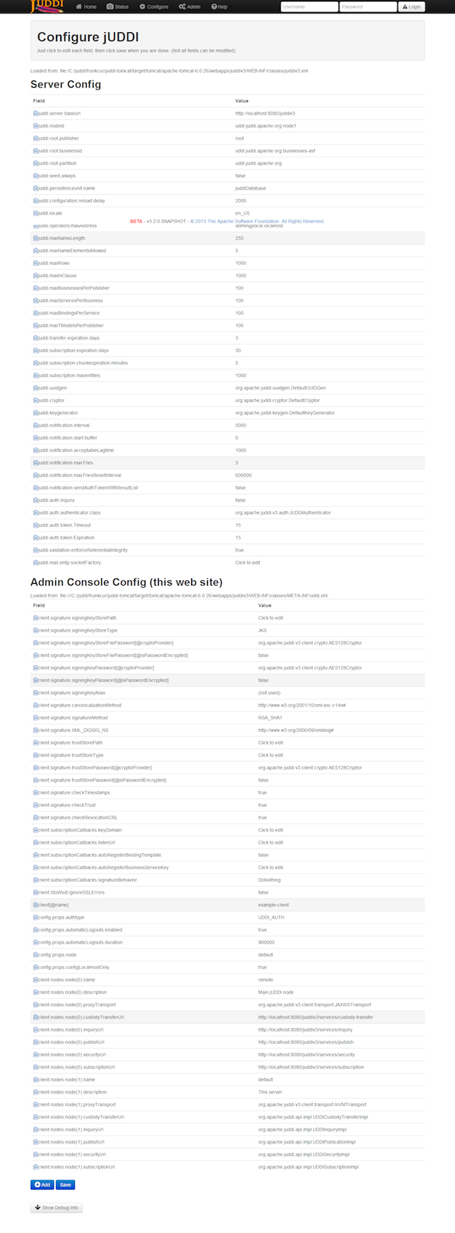 jUDDI Server Configuration Page