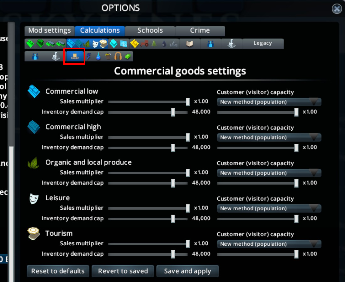 Commercial sales options panel screenshot