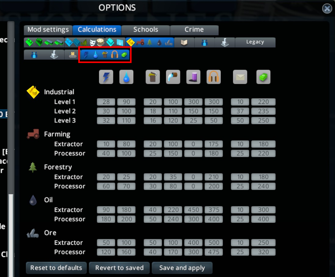 Industrial consumption panel options panel screenshot