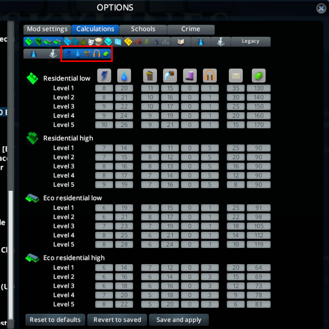 Residential consumption panel options panel screenshot