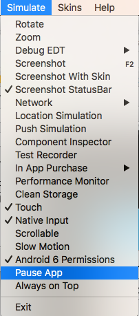 Pausing app in the simulator