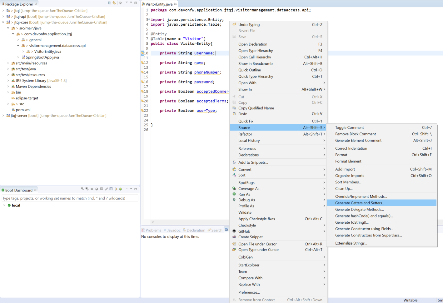 Generating Getter and Setter Methods with Eclipse