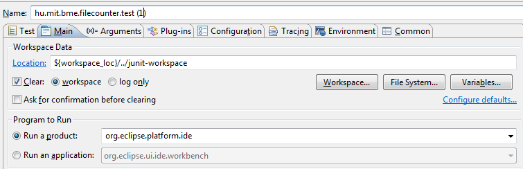 JUnit Plug-in test configuration settings