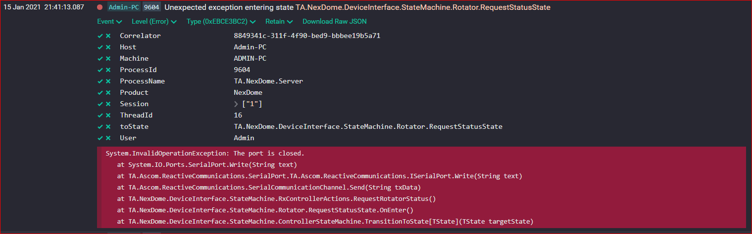 SEQ log data showing an exception with stack trace